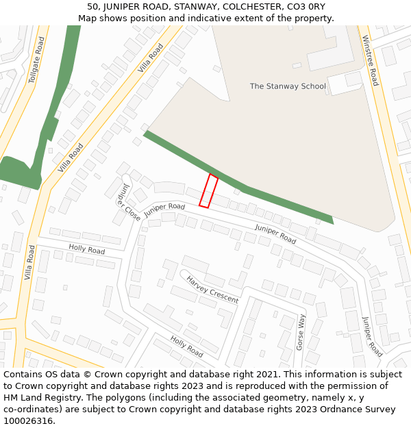 50, JUNIPER ROAD, STANWAY, COLCHESTER, CO3 0RY: Location map and indicative extent of plot