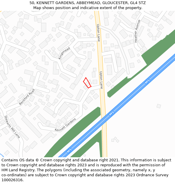 50, KENNETT GARDENS, ABBEYMEAD, GLOUCESTER, GL4 5TZ: Location map and indicative extent of plot