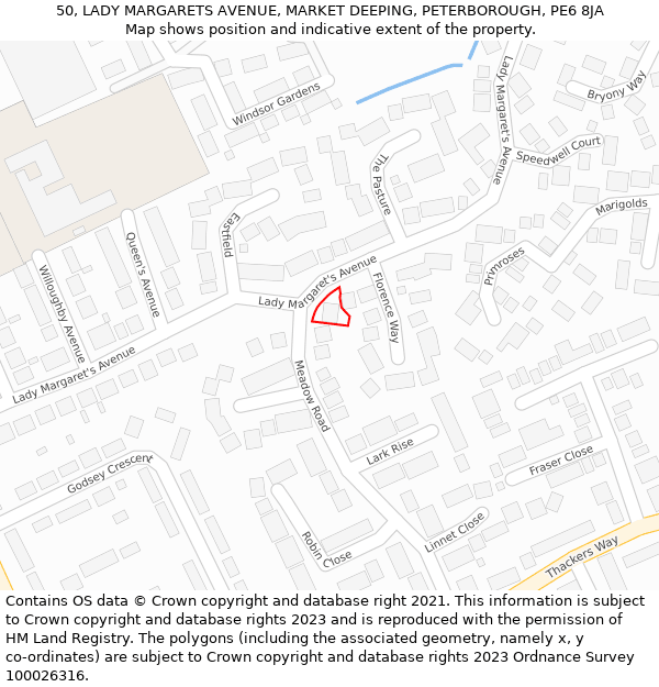 50, LADY MARGARETS AVENUE, MARKET DEEPING, PETERBOROUGH, PE6 8JA: Location map and indicative extent of plot