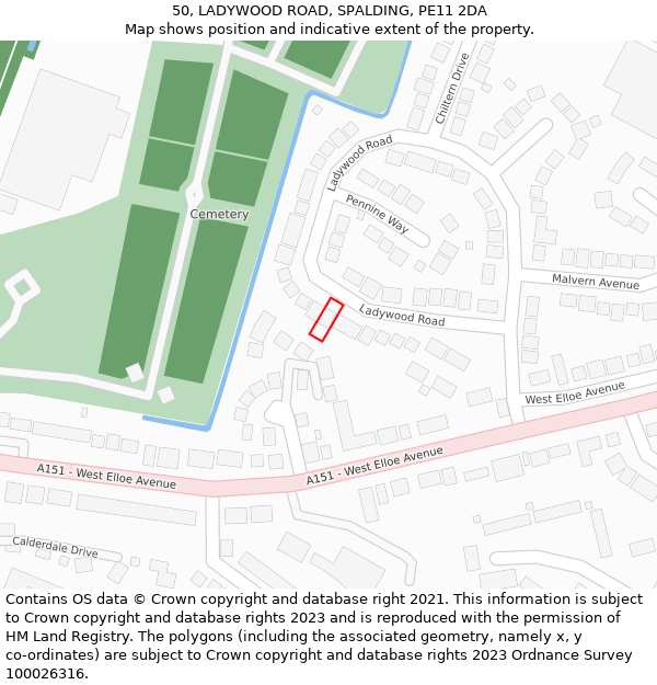 50, LADYWOOD ROAD, SPALDING, PE11 2DA: Location map and indicative extent of plot