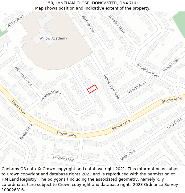 50, LANEHAM CLOSE, DONCASTER, DN4 7HU: Location map and indicative extent of plot