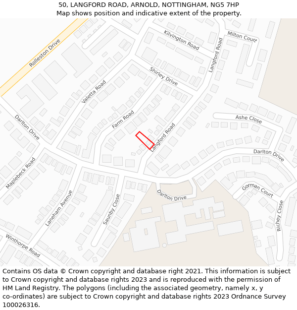 50, LANGFORD ROAD, ARNOLD, NOTTINGHAM, NG5 7HP: Location map and indicative extent of plot