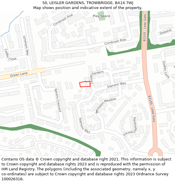 50, LEISLER GARDENS, TROWBRIDGE, BA14 7WJ: Location map and indicative extent of plot