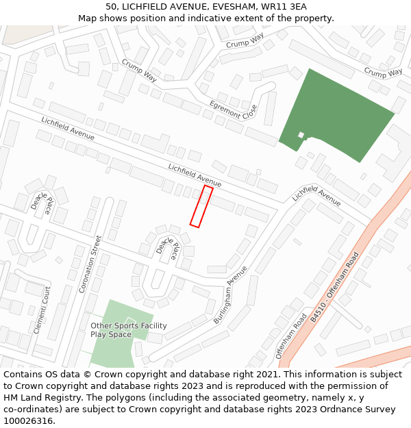 50, LICHFIELD AVENUE, EVESHAM, WR11 3EA: Location map and indicative extent of plot