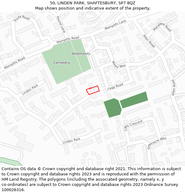 50, LINDEN PARK, SHAFTESBURY, SP7 8QZ: Location map and indicative extent of plot