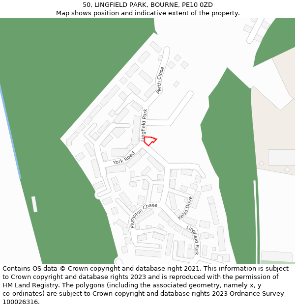 50, LINGFIELD PARK, BOURNE, PE10 0ZD: Location map and indicative extent of plot