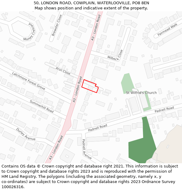 50, LONDON ROAD, COWPLAIN, WATERLOOVILLE, PO8 8EN: Location map and indicative extent of plot