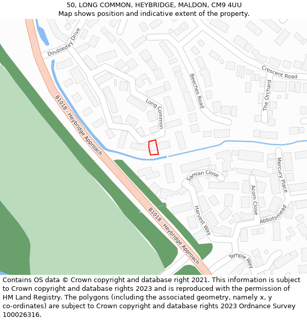 50, LONG COMMON, HEYBRIDGE, MALDON, CM9 4UU: Location map and indicative extent of plot