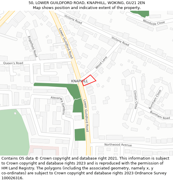 50, LOWER GUILDFORD ROAD, KNAPHILL, WOKING, GU21 2EN: Location map and indicative extent of plot