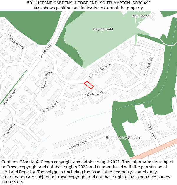 50, LUCERNE GARDENS, HEDGE END, SOUTHAMPTON, SO30 4SF: Location map and indicative extent of plot