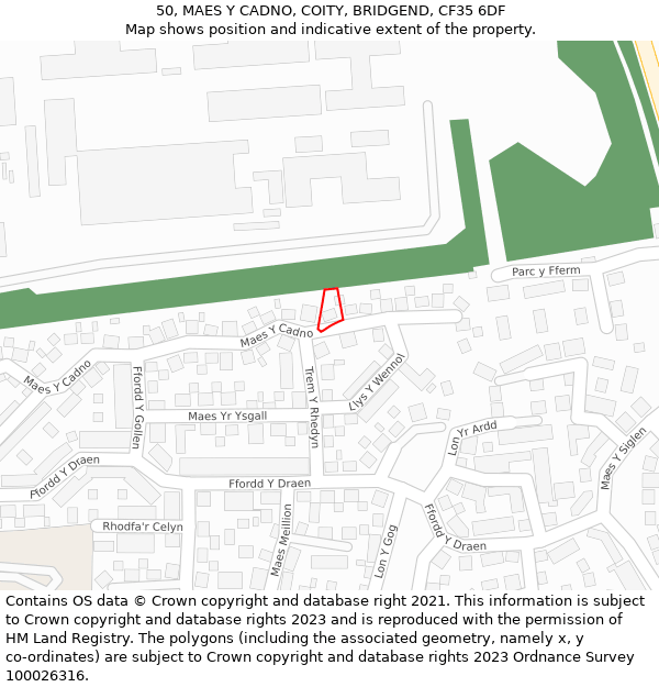 50, MAES Y CADNO, COITY, BRIDGEND, CF35 6DF: Location map and indicative extent of plot