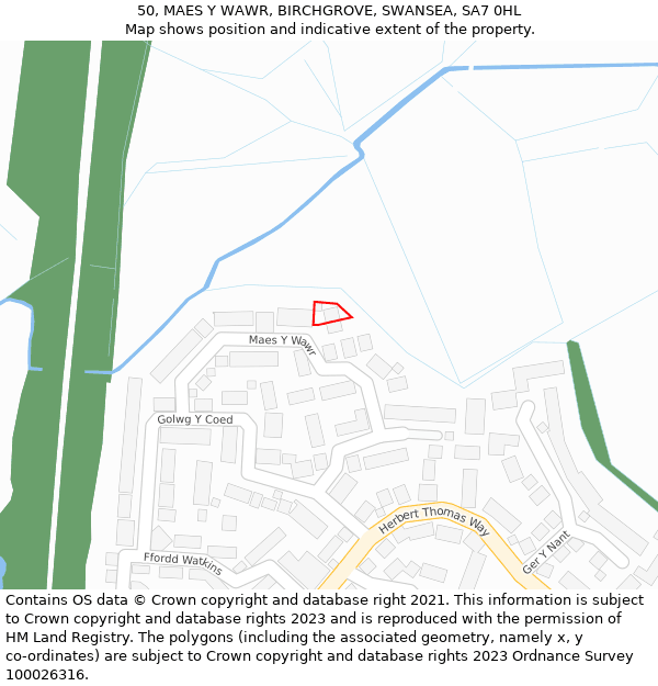 50, MAES Y WAWR, BIRCHGROVE, SWANSEA, SA7 0HL: Location map and indicative extent of plot