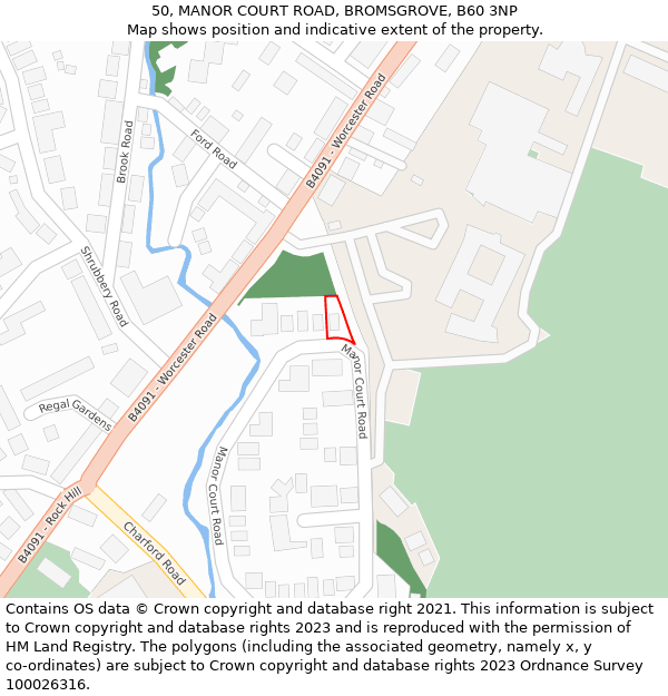 50, MANOR COURT ROAD, BROMSGROVE, B60 3NP: Location map and indicative extent of plot