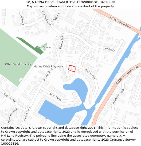 50, MARINA DRIVE, STAVERTON, TROWBRIDGE, BA14 8UR: Location map and indicative extent of plot