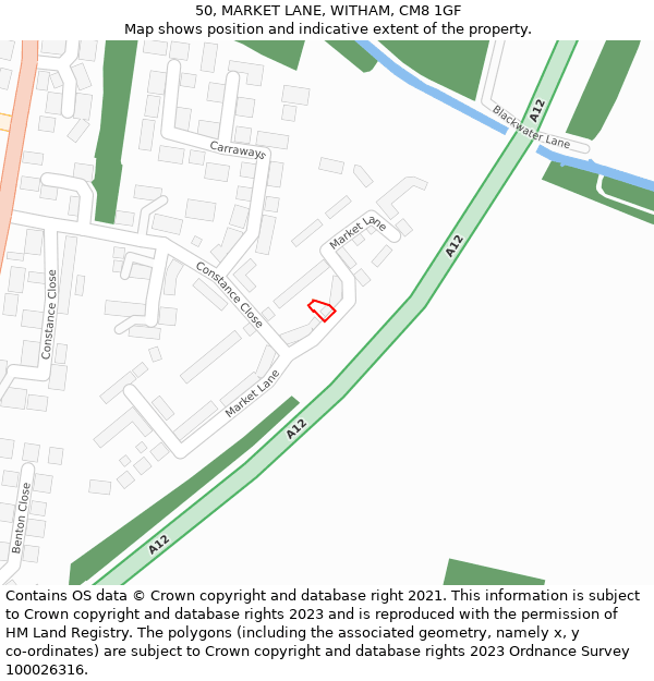 50, MARKET LANE, WITHAM, CM8 1GF: Location map and indicative extent of plot