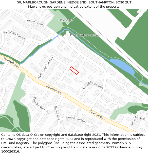 50, MARLBOROUGH GARDENS, HEDGE END, SOUTHAMPTON, SO30 2UT: Location map and indicative extent of plot