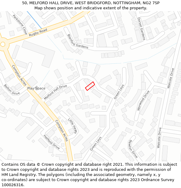 50, MELFORD HALL DRIVE, WEST BRIDGFORD, NOTTINGHAM, NG2 7SP: Location map and indicative extent of plot