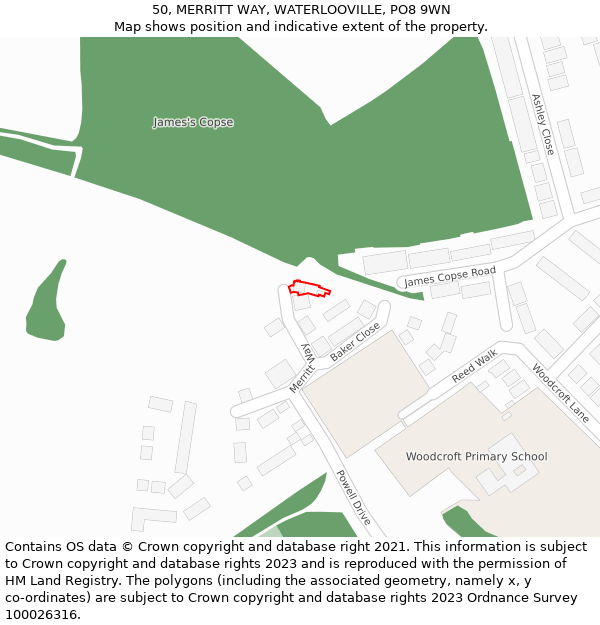 50, MERRITT WAY, WATERLOOVILLE, PO8 9WN: Location map and indicative extent of plot