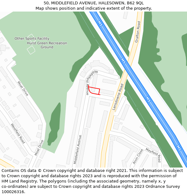 50, MIDDLEFIELD AVENUE, HALESOWEN, B62 9QL: Location map and indicative extent of plot