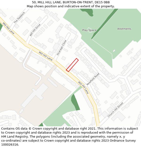 50, MILL HILL LANE, BURTON-ON-TRENT, DE15 0BB: Location map and indicative extent of plot