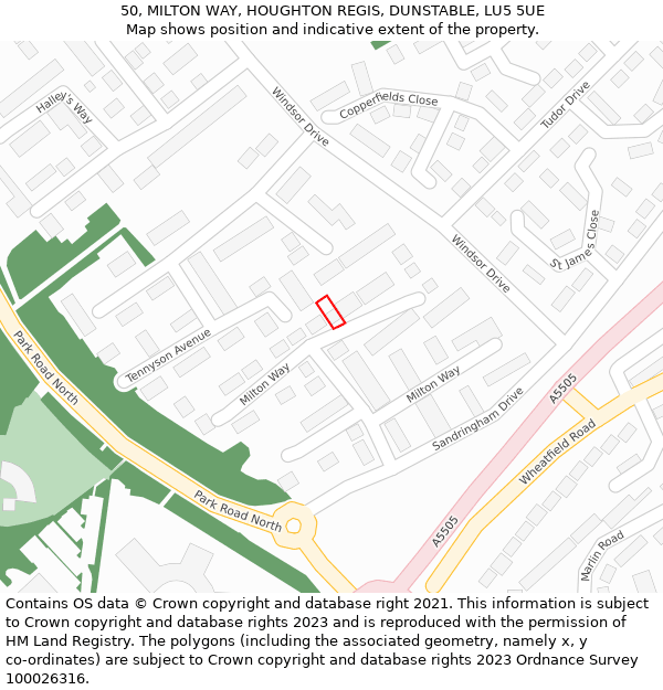 50, MILTON WAY, HOUGHTON REGIS, DUNSTABLE, LU5 5UE: Location map and indicative extent of plot