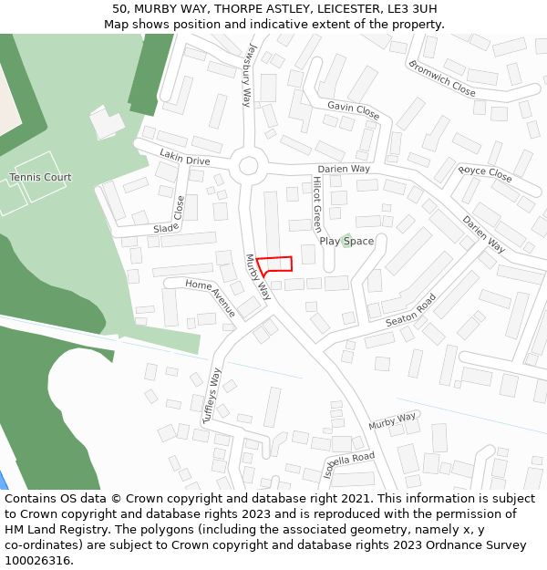 50, MURBY WAY, THORPE ASTLEY, LEICESTER, LE3 3UH: Location map and indicative extent of plot