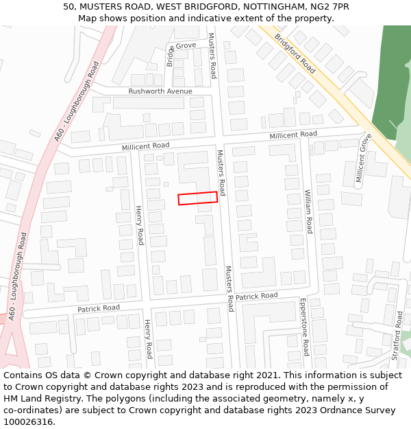 50, MUSTERS ROAD, WEST BRIDGFORD, NOTTINGHAM, NG2 7PR: Location map and indicative extent of plot