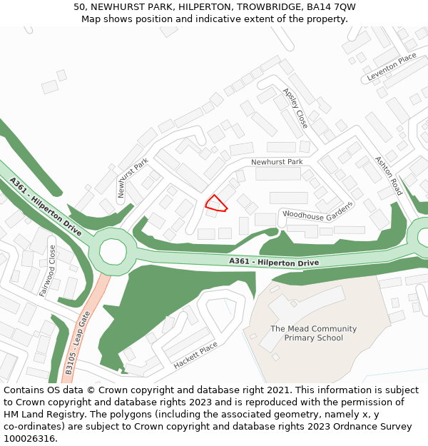 50, NEWHURST PARK, HILPERTON, TROWBRIDGE, BA14 7QW: Location map and indicative extent of plot