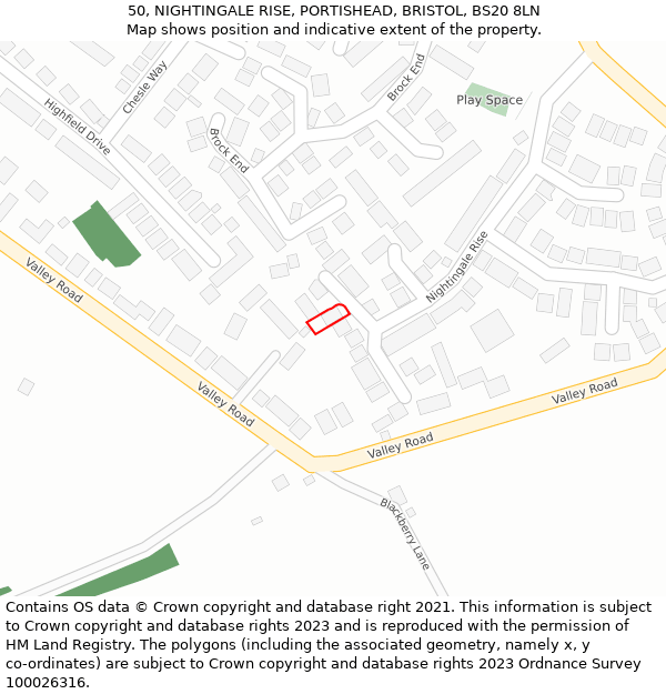 50, NIGHTINGALE RISE, PORTISHEAD, BRISTOL, BS20 8LN: Location map and indicative extent of plot