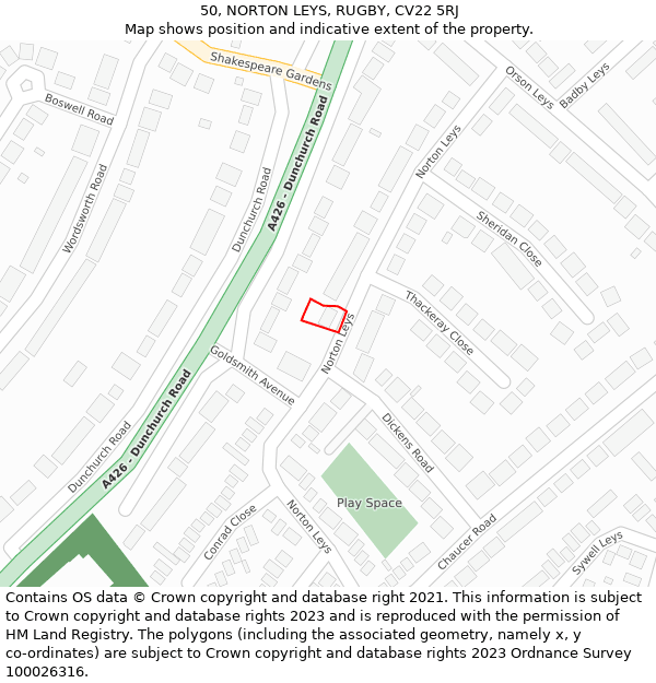 50, NORTON LEYS, RUGBY, CV22 5RJ: Location map and indicative extent of plot