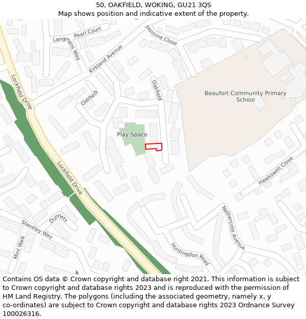 50, OAKFIELD, WOKING, GU21 3QS: Location map and indicative extent of plot