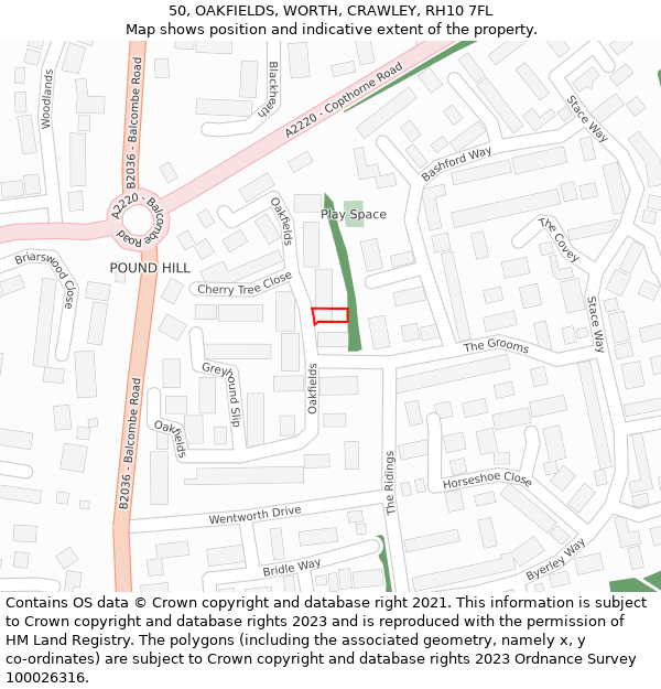 50, OAKFIELDS, WORTH, CRAWLEY, RH10 7FL: Location map and indicative extent of plot