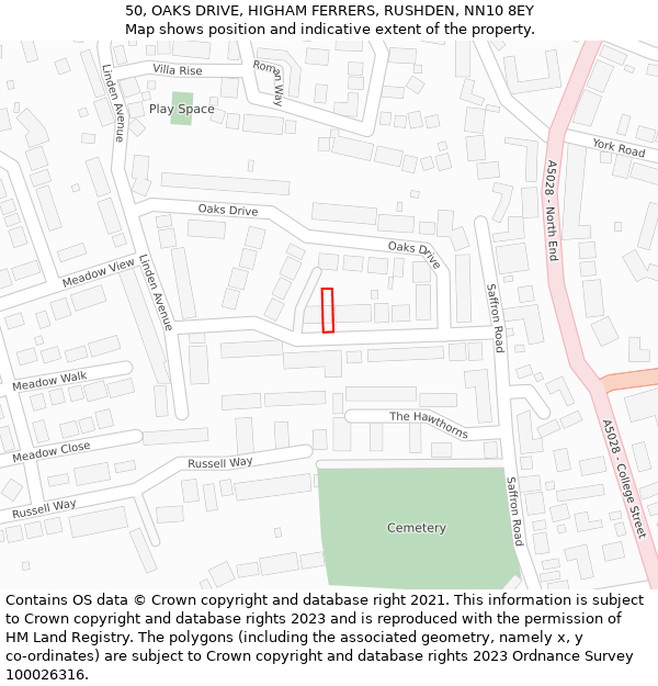 50, OAKS DRIVE, HIGHAM FERRERS, RUSHDEN, NN10 8EY: Location map and indicative extent of plot