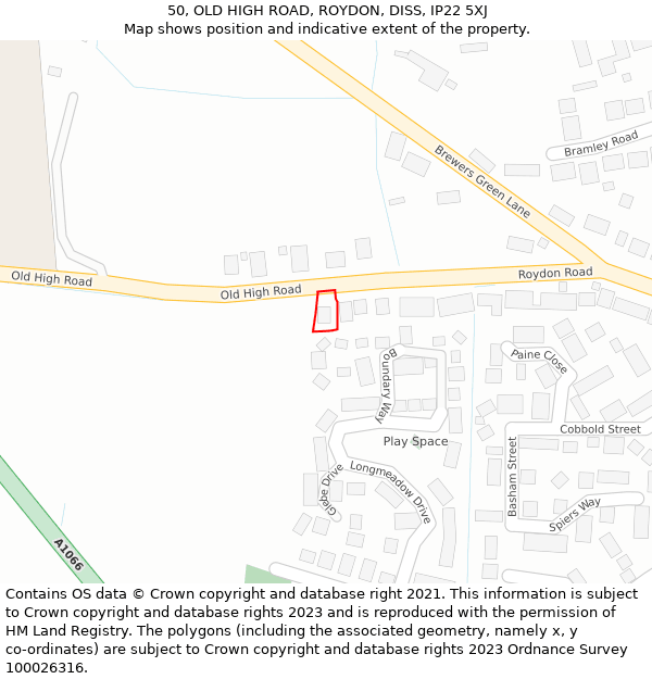 50, OLD HIGH ROAD, ROYDON, DISS, IP22 5XJ: Location map and indicative extent of plot