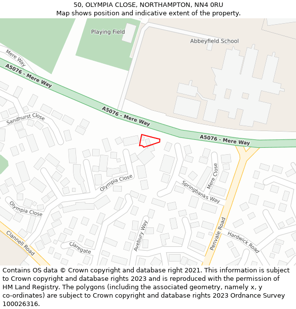 50, OLYMPIA CLOSE, NORTHAMPTON, NN4 0RU: Location map and indicative extent of plot