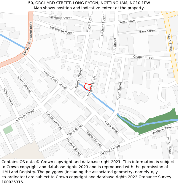 50, ORCHARD STREET, LONG EATON, NOTTINGHAM, NG10 1EW: Location map and indicative extent of plot