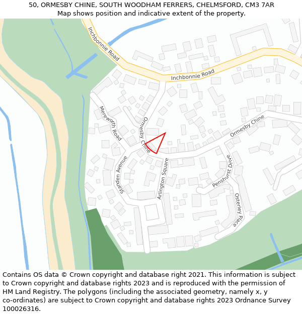 50, ORMESBY CHINE, SOUTH WOODHAM FERRERS, CHELMSFORD, CM3 7AR: Location map and indicative extent of plot