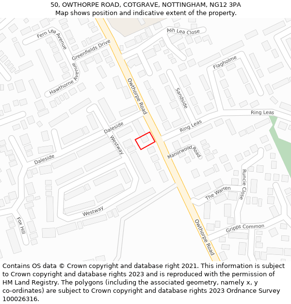 50, OWTHORPE ROAD, COTGRAVE, NOTTINGHAM, NG12 3PA: Location map and indicative extent of plot