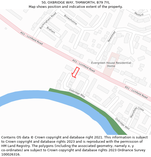 50, OXBRIDGE WAY, TAMWORTH, B79 7YL: Location map and indicative extent of plot