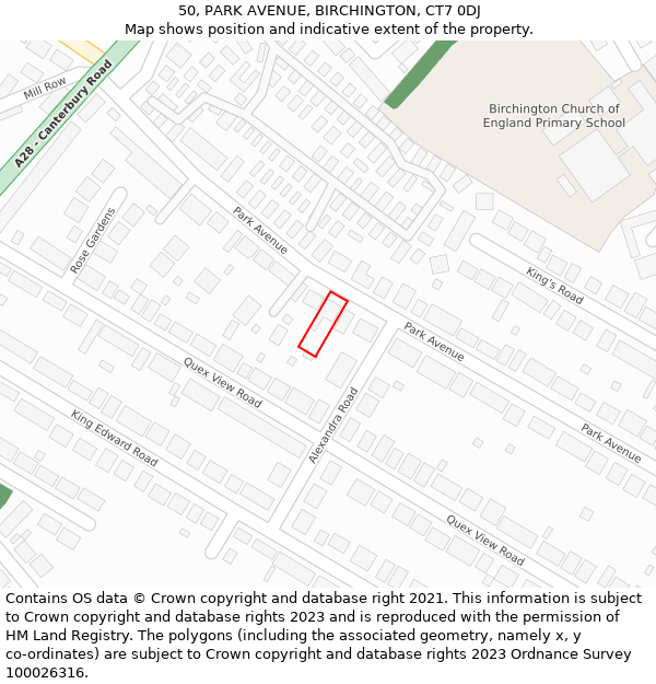 50, PARK AVENUE, BIRCHINGTON, CT7 0DJ: Location map and indicative extent of plot