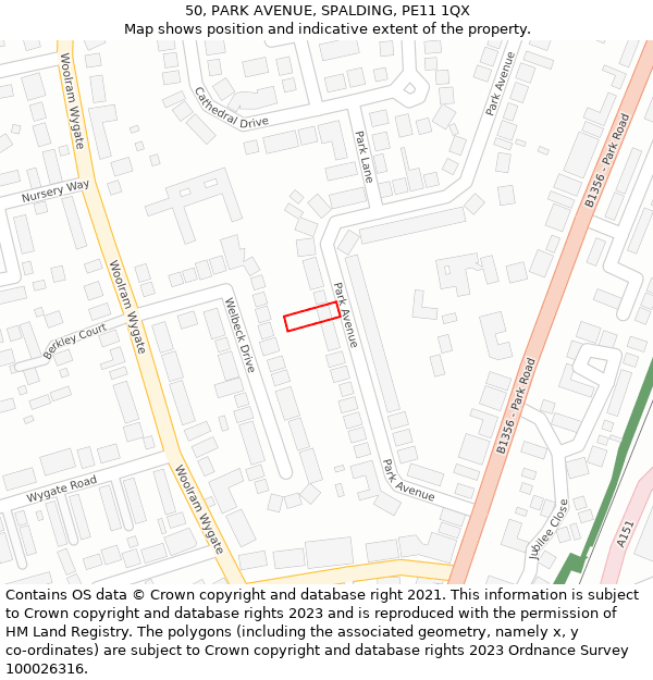 50, PARK AVENUE, SPALDING, PE11 1QX: Location map and indicative extent of plot