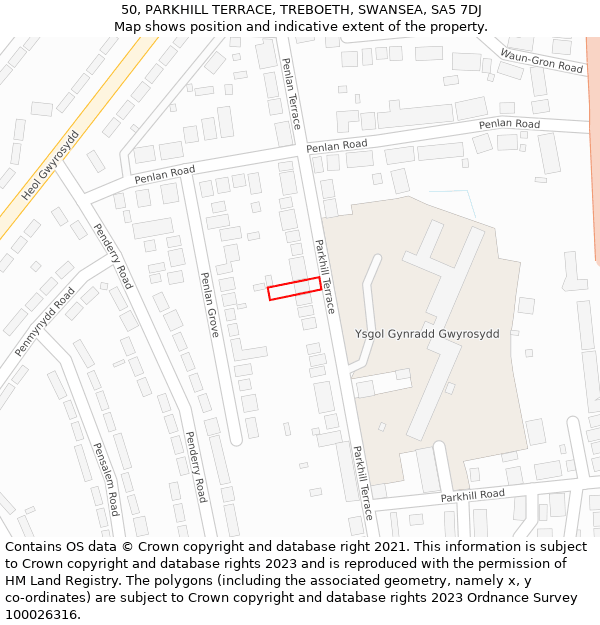 50, PARKHILL TERRACE, TREBOETH, SWANSEA, SA5 7DJ: Location map and indicative extent of plot