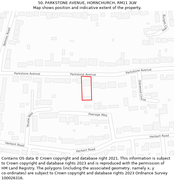 50, PARKSTONE AVENUE, HORNCHURCH, RM11 3LW: Location map and indicative extent of plot