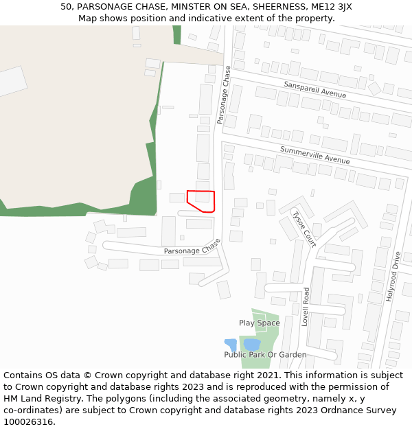 50, PARSONAGE CHASE, MINSTER ON SEA, SHEERNESS, ME12 3JX: Location map and indicative extent of plot