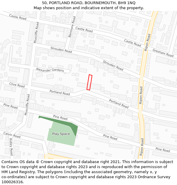 50, PORTLAND ROAD, BOURNEMOUTH, BH9 1NQ: Location map and indicative extent of plot