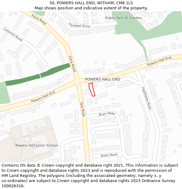 50, POWERS HALL END, WITHAM, CM8 1LS: Location map and indicative extent of plot