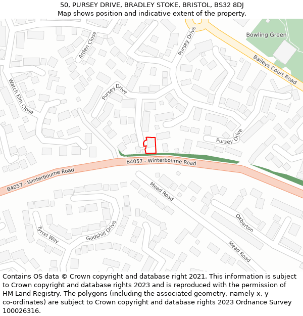 50, PURSEY DRIVE, BRADLEY STOKE, BRISTOL, BS32 8DJ: Location map and indicative extent of plot