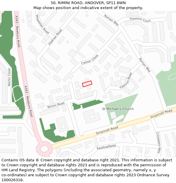 50, RIMINI ROAD, ANDOVER, SP11 6WN: Location map and indicative extent of plot