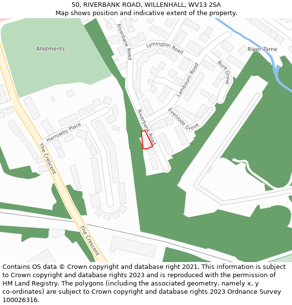 50, RIVERBANK ROAD, WILLENHALL, WV13 2SA: Location map and indicative extent of plot