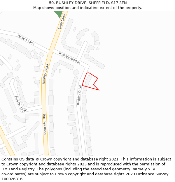 50, RUSHLEY DRIVE, SHEFFIELD, S17 3EN: Location map and indicative extent of plot